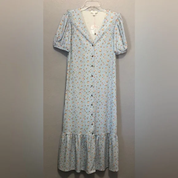 NEW Topshop Jersey midi dress pale blue women’s 6 floral cottagecore ruffle - Picture 2 of 16